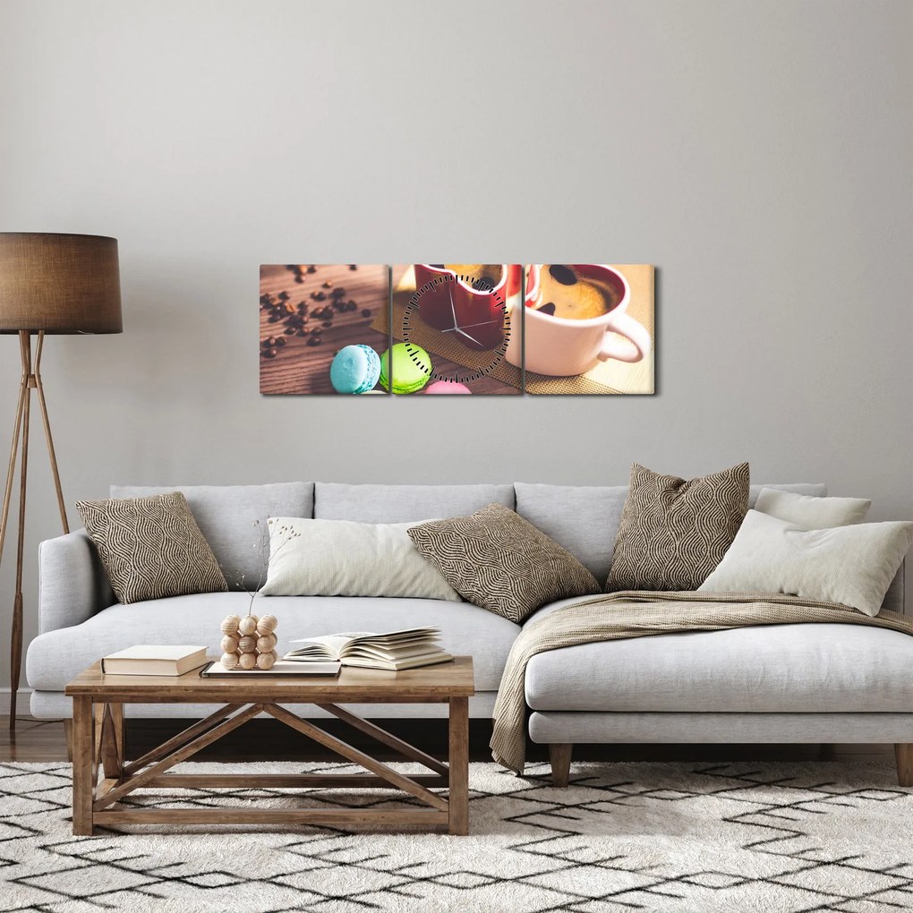 Obraz kávy a makronek (s hodinami) (90x30 cm)