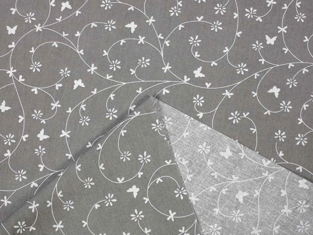 Biante Bavlnený záves Sandra SA-050 Drobné biele kvietky a motýliky na sivom 135x190 cm