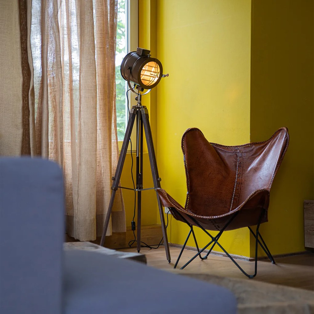 Trojnohá stojaca lampa bronzová s dreveným štúdiovým bodovým svetlom - Radient