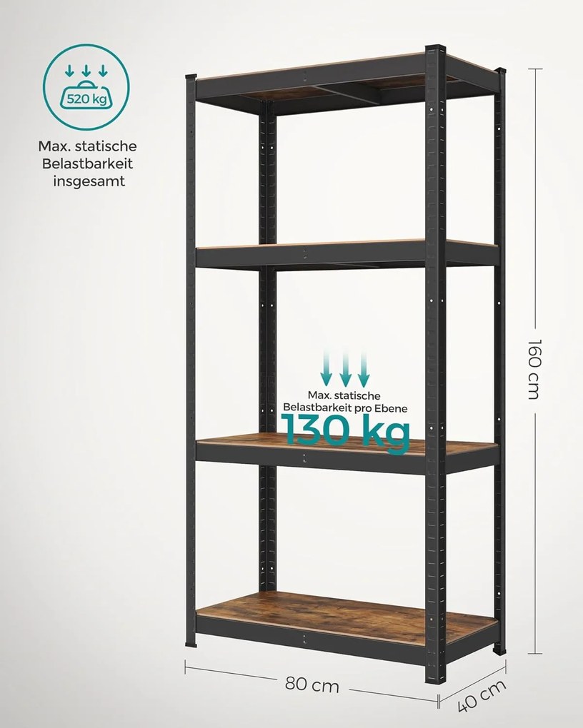 Policový diel, regál s vysokou nosnosťou, nosnosť 520 kg, 40 x 80 x 160 cm, rustikálny hnedý