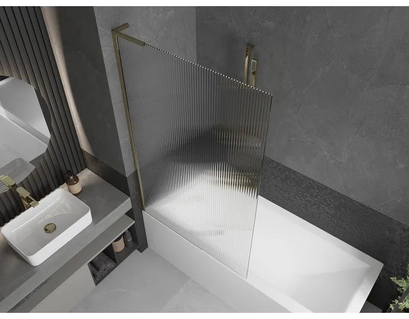 Mexen Next L, 1-krídlová vaňová zástena 100 x 150 cm, 6mm sklo s rebrovým vzorom, zlatý lesklý profil, 895-100-000-03-09-50