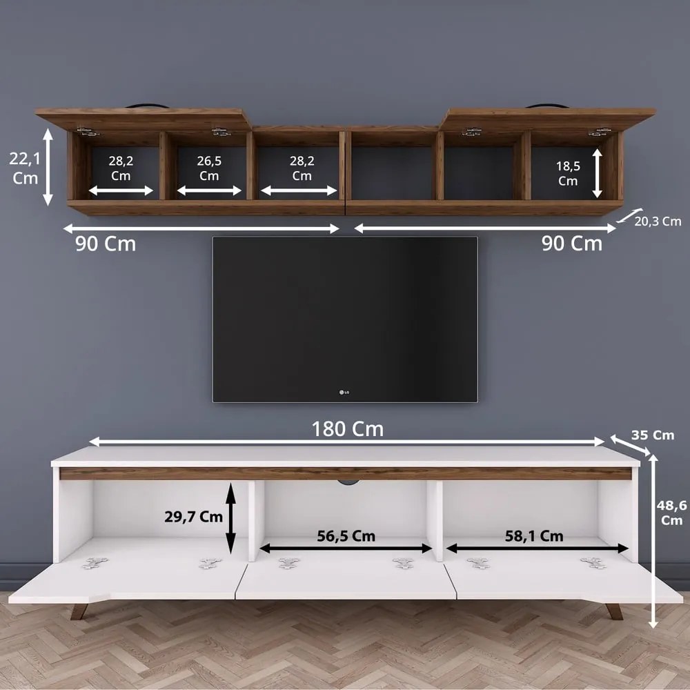 Set bieleho TV stolíka a nástennej skrinky v dekore orechového dreva Rani