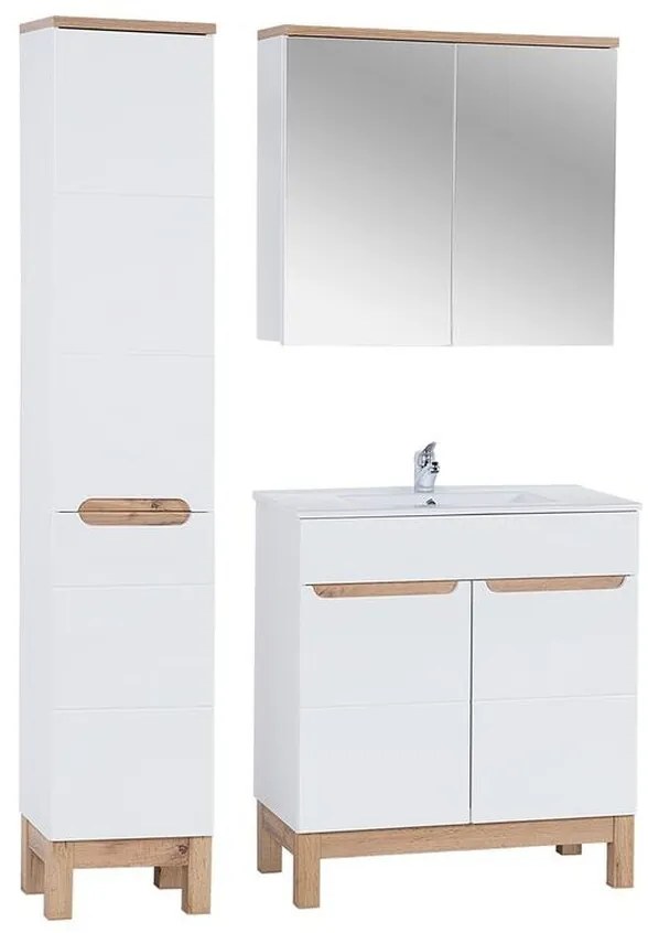 Koupelnová sestava Bali 80 cm se skříňkami, zápustným umyvadlem a zrcadlem bílá/dub wotan
