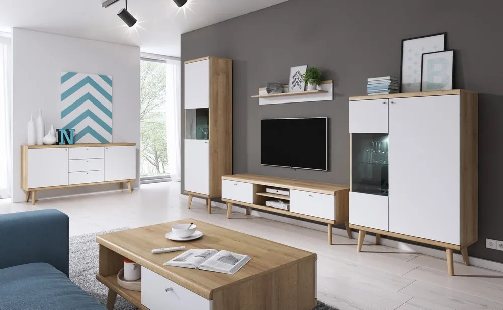 Nízká vitrína Primo, dub riviera/biela