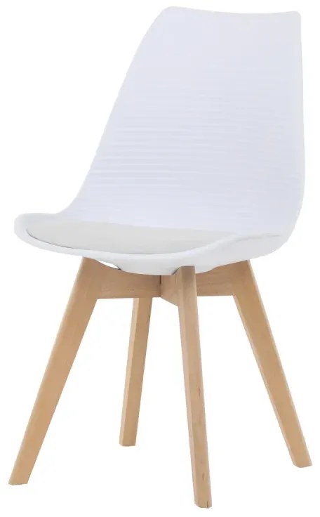 Židle jídelní, bílá plastová skořepina, sedák bílá látka, masiv přírodní buk