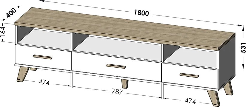 CAMA MEBLE Lotta 180 3S3K tv stolík biela / dub sonoma