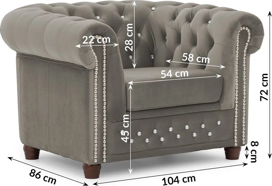 Sivé zamatové kreslo chesterfield York Blik – Ropez