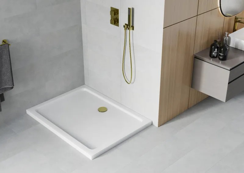 Mexen SLIM - Obdĺžniková sprchová vanička 140x90x5cm + zlatý sifón, biela, 40109014G