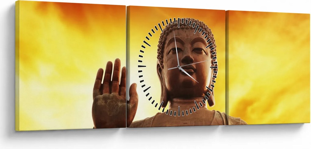 Obraz - Budha s červenožltým pozadím (s hodinami) (90x30 cm)