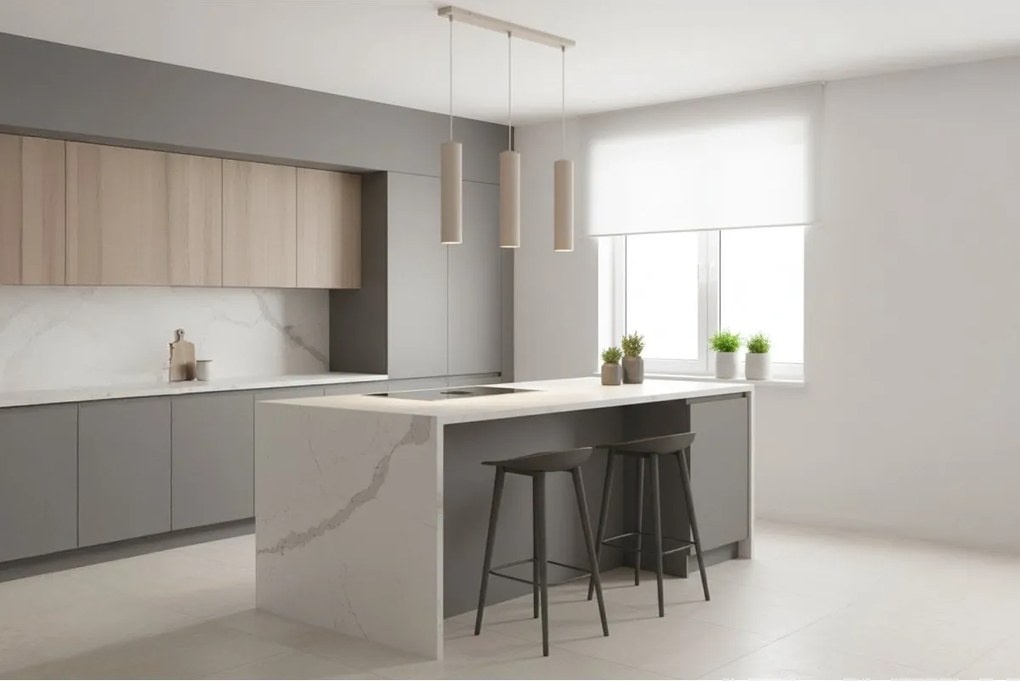 Závesné svietidlo Tuba, 3x béžové kovové tienidlo