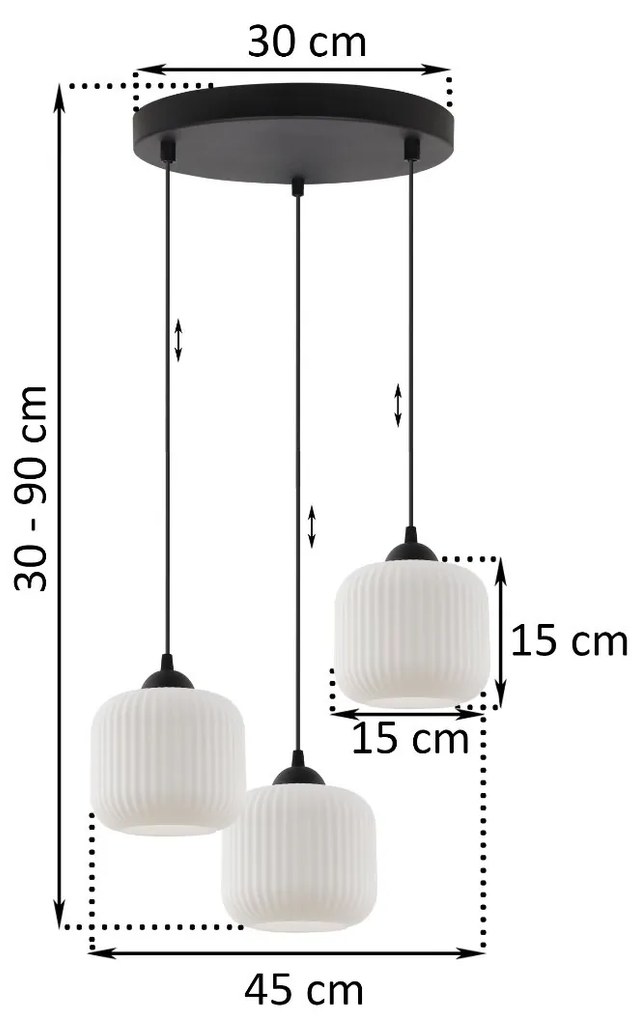 Závesné svietidlo Riffle, 3x biele sklenené tienidlo, b, o