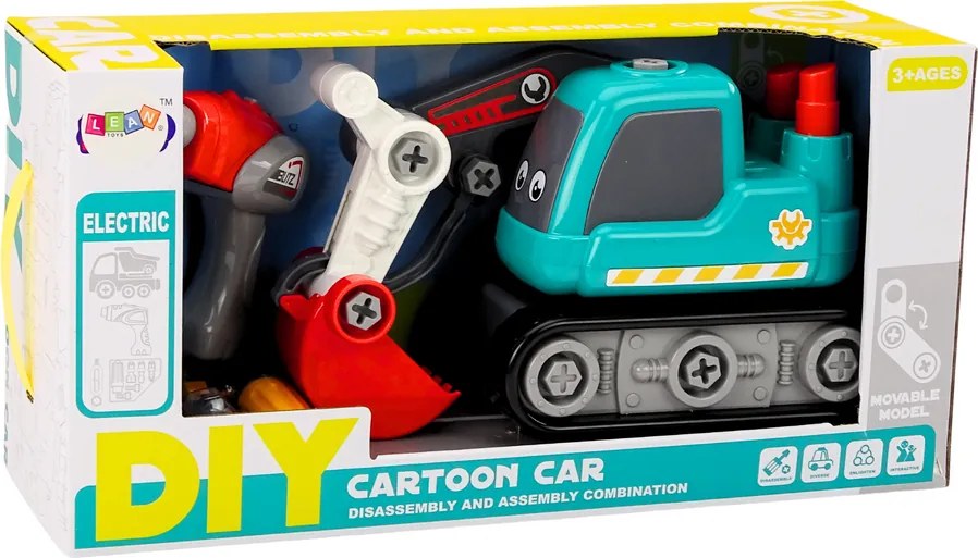 LEAN Toys Pásové rýpadlo na skrutkovanie DIY, kreslené, tyrkysové