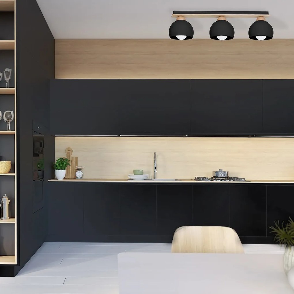 Stropné svietidlo Dama, 3x čierne kovové tienidlo, b/drevo