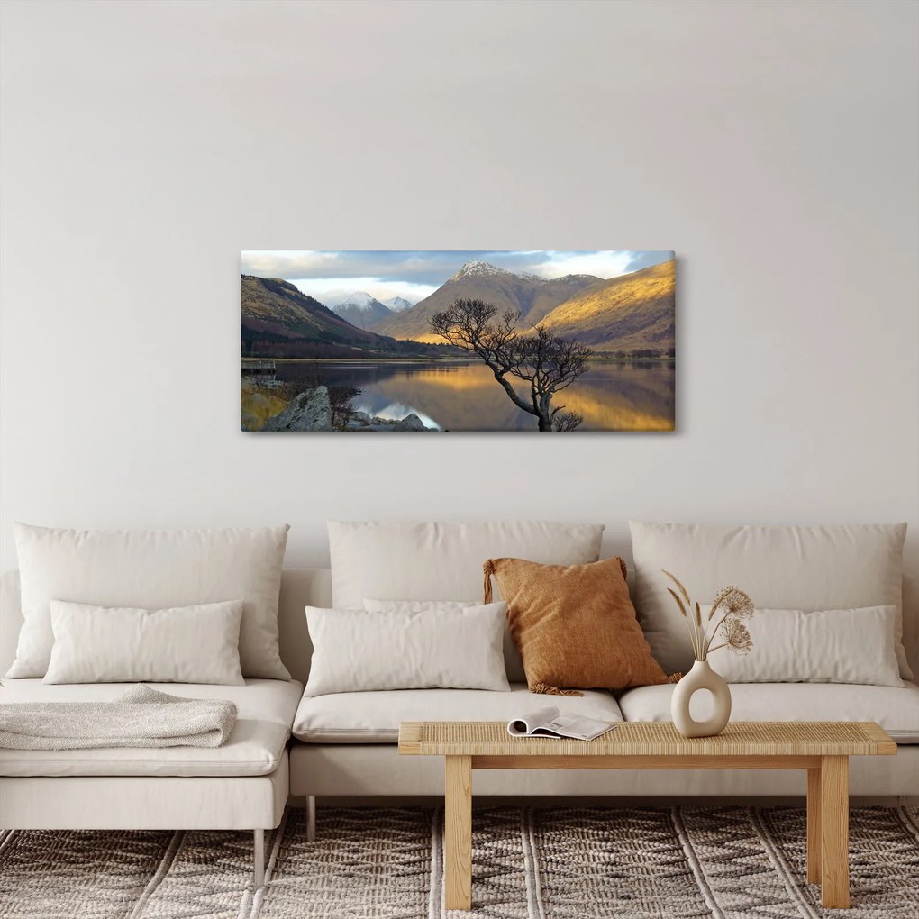 Obraz - Hory pri jazere (120x50 cm)