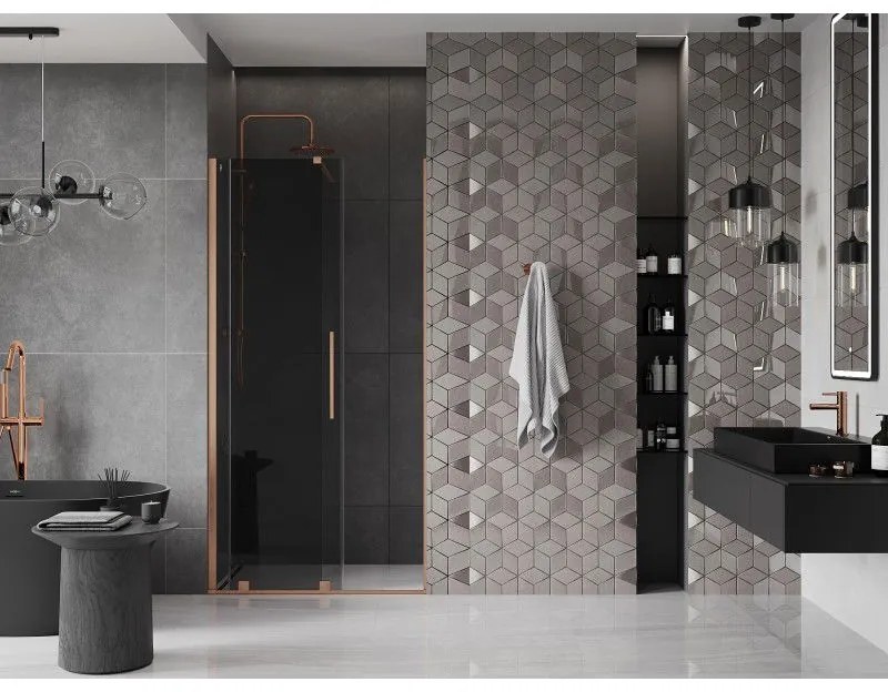 Mexen Velar, posuvné sprchové dvere do otvoru 90 cm, 8mm šedé sklo, medená matná, 871-090-000-41-65