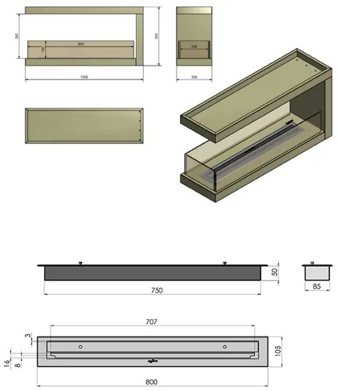 InFire - Rohový BIO krb 100x50 cm 3kW obojstranný