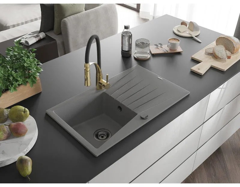Mexen Cesar, 1-komorový granitový drez 775x470x190 mm a drezová batéria Aster, šedá, 6514-71-73450-57-B