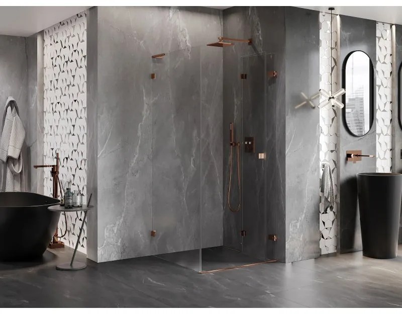 Mexen Lunar-F L, 1-krídlový sprchový kút so skladacími dverami, pravý, 100 x 100 cm, 8mm číre sklo, ružové zlato profil, 836L-100-100-60-00-P