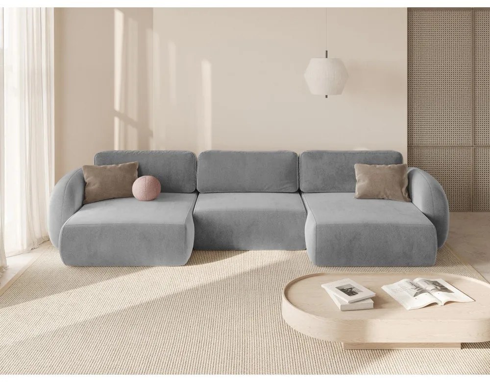 Svetlosivá zamatová rozkladacia/s úložným priestorom rohová pohovka (do tvaru "U") Tonale – Cosmopolitan Design