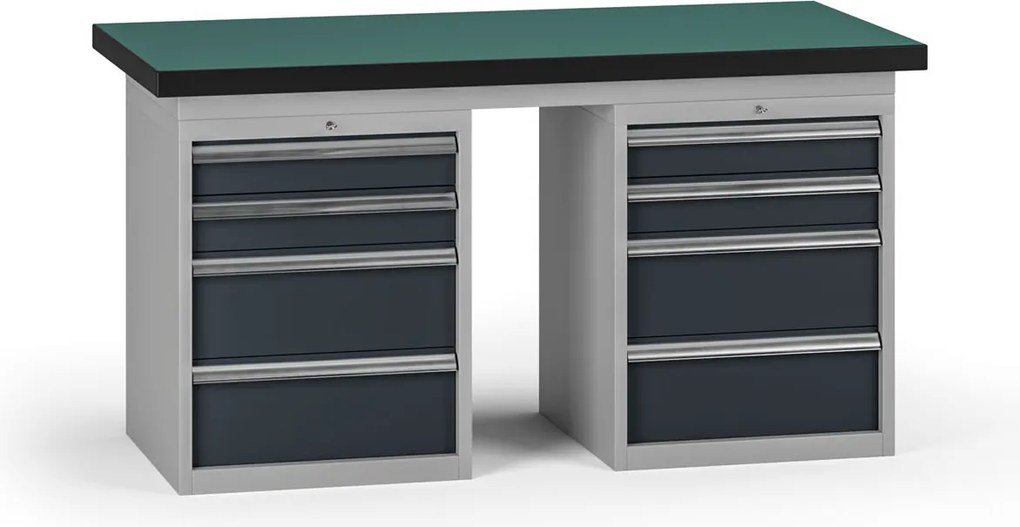Pracovný stôl do dielne G8, 1500 x 750 x 800 mm, 2x kontejner, 8 zásuviek, grafit
