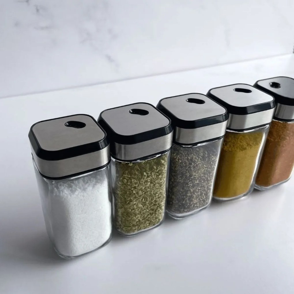 5Five® Hranatá sklenená korenička s multifunkčným nerezovým viečkom INOX, 100ml