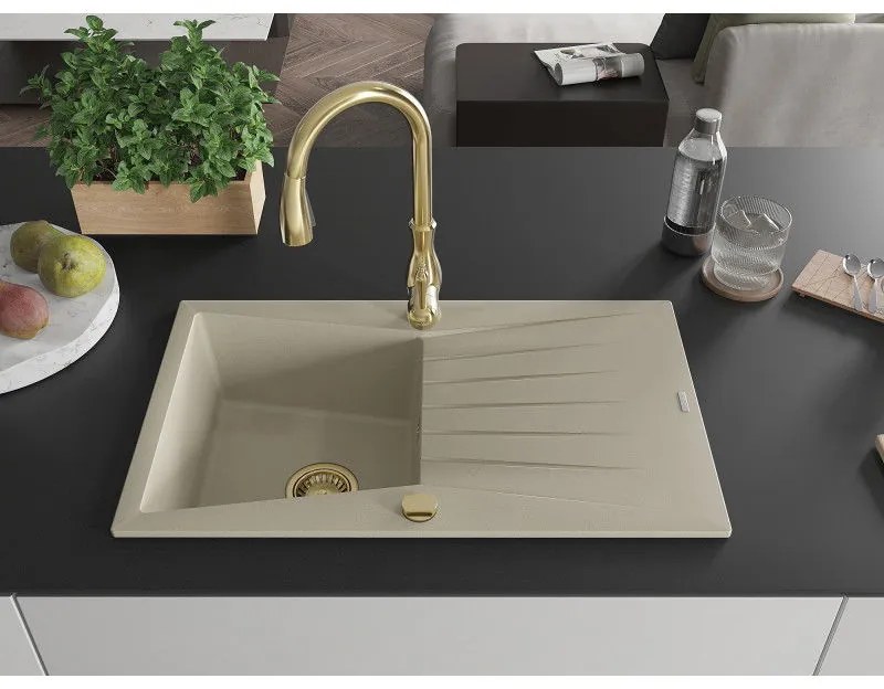 Mexen Cesar, 1-komorový granitový drez 775x470x190 mm a drezová batéria Savita, béžová, 6514-69-672601-50