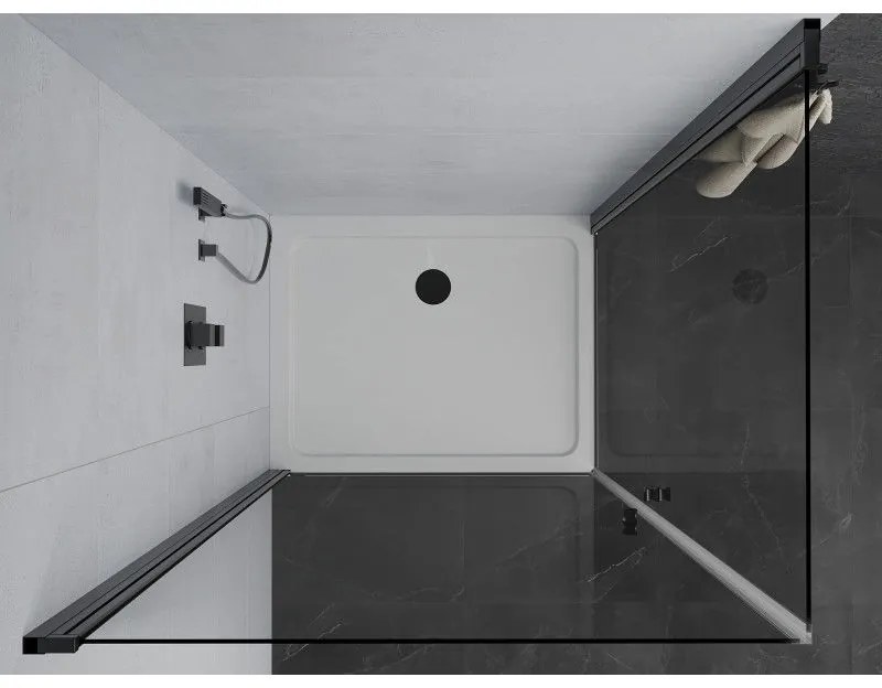 Mexen Pretoria Duo, sprchovací kút s 2-krídlovými dverami 80 (dvere) x 70 (dvere) cm, 6mm číre sklo, čierny profil + slim sprchová vanička 5cm biela s čiernym sifónom, 852-080-070-70-02-4010B
