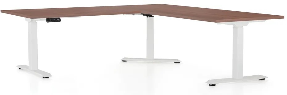 Výškovo nastaviteľný stôl OfficeTech Angle, 180 x 200 cm, biela podnož, orech