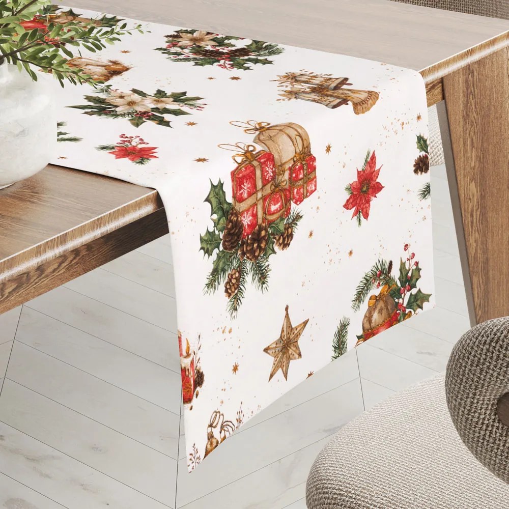 Biante Vianočný bavlnený behúň na stôl Sandra SA-515 Vianočné hviezdy a ozdoby na bielom 45x120 cm