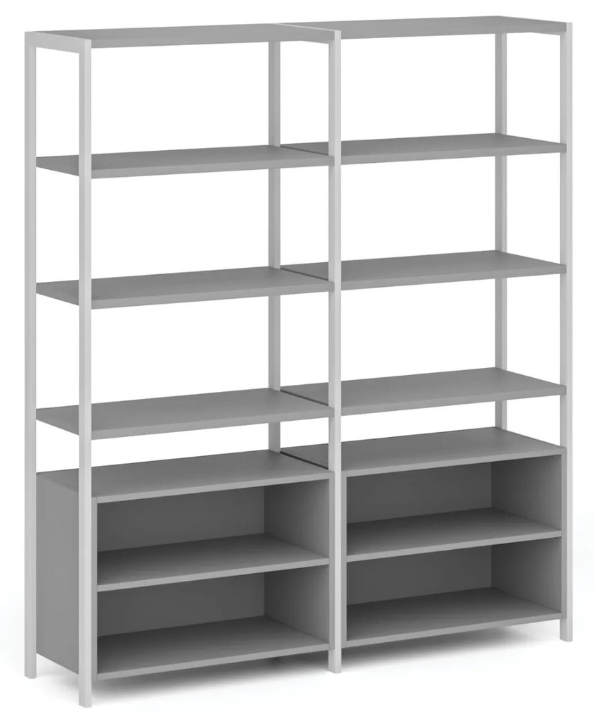 Dvojitá policová stena HOME OFFICE s policovou skrinkou, biela/sivá