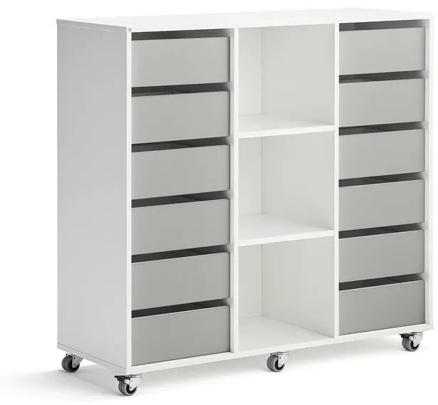 Študentská úložná skrinka CASPER, 12 zásuviek, 3 priehradky, biela, šedá
