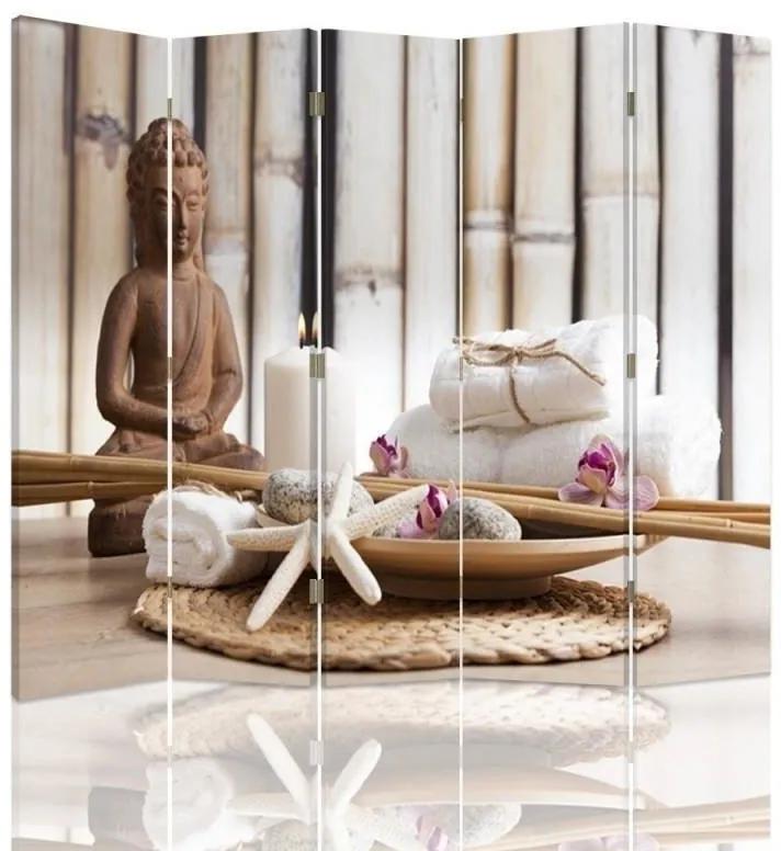 Ozdobný paraván, Buddhův klid - 180x170 cm, päťdielny, klasický paraván