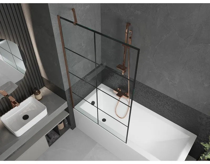 Mexen Next, vaňová zástena 1-krídlová 100 x 150 cm, fixné krídlo, 6 mm číre sklo s čiernym vzorom, ružové zlato profil, 895-100-000-00-77-60