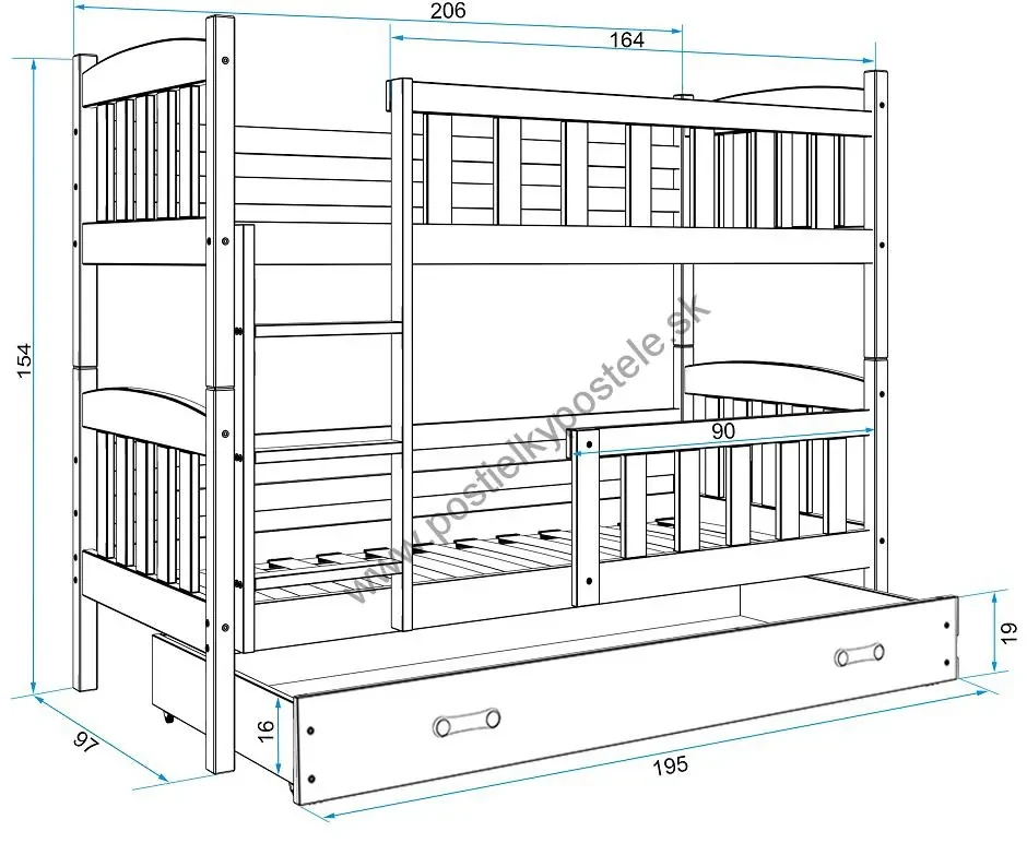 Poschodová posteľ KUBO 200x90 | borovica - zelená