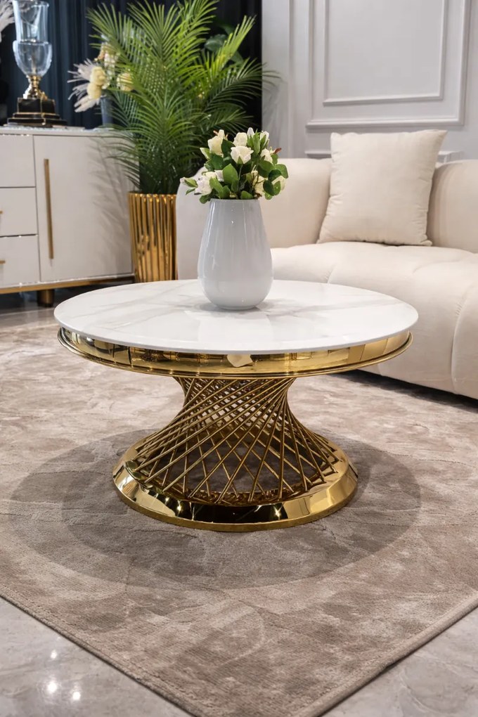 OKRÚHLY KONFERENČNÝ STOLÍK AUDREY BIELY MRAMOR + ZLATÝ 80 cm