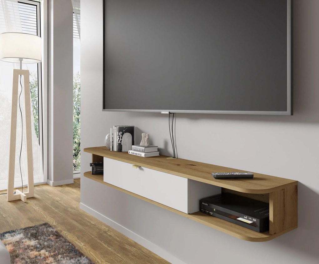 TV stolík/skrinka Ikaro (dub artisan + biela). Akcia -23%. Vlastná spoľahlivá doprava až k Vám domov. 1124940