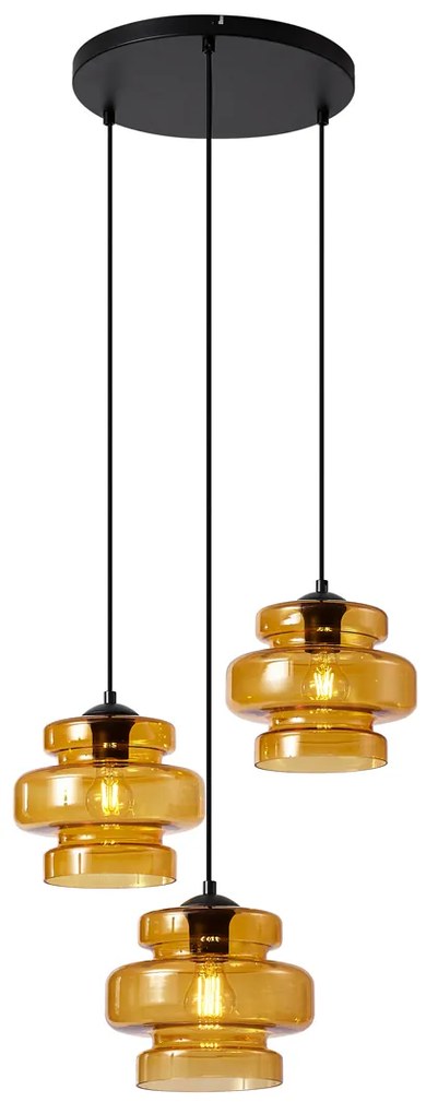 Retro závesná lampa čierna s oranžovým sklom 3-svetlá - Denise