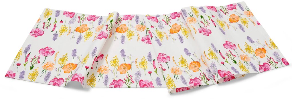 Behúň na stôl, biely s kvetinovou potlačou