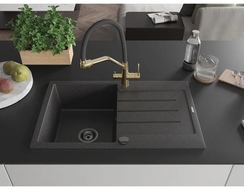 Mexen Bruno, 1-komorový granitový drez 795x495x200 mm a drezová batéria Duo, čierna škvrnitá, 6513-76-671701-57-B