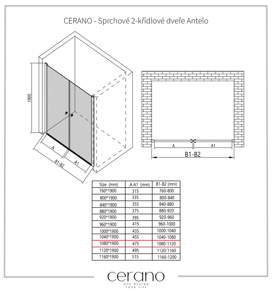 Cerano Antelo, 2-krídlové sprchové dvere 108x190 cm, 6mm číre sklo, čierny profil, CER-CER-432364