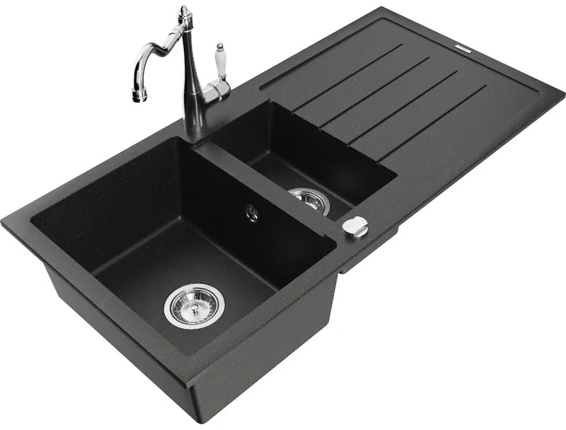 Mexen Andres, granitový drez 1000x500x200 mm, 1,5-komorový a drezová batéria Carla, čierna-zlatá metalíza, 6515-75-670700-00