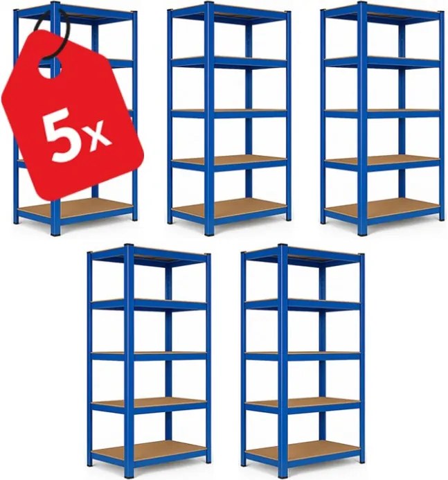 Akcia 5x Regál 180x90x40 cm lakovaný 5-policový, nosnosť 875 kg - modrý