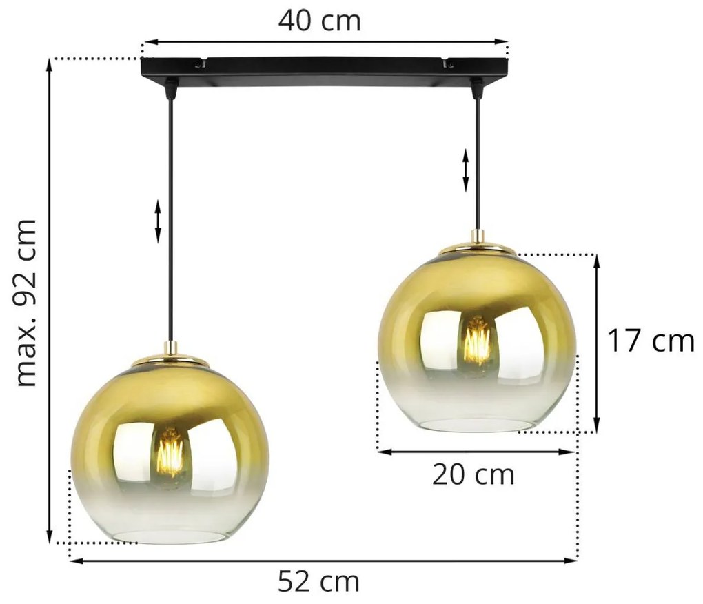 Závesné svietidlo BERGEN GOLD, 2x zlaté/transparentné sklenené tienidlo (fi 20cm)
