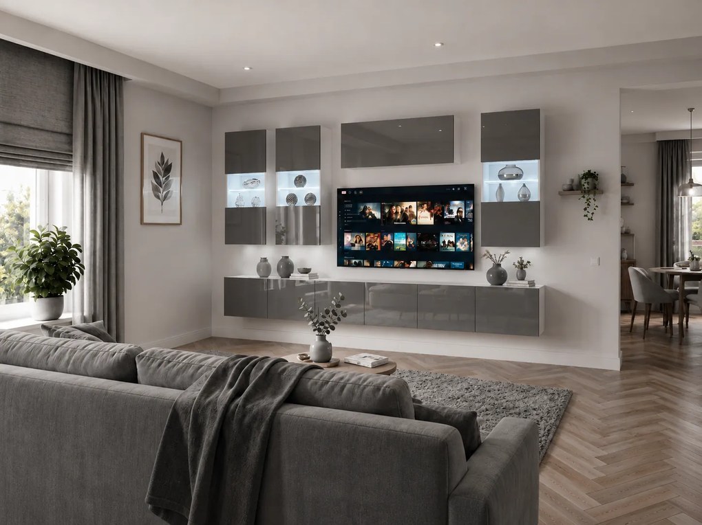 Obývacia stena 300 cm TV/RTV sivý lesk  IMP 5/5/W/S/0/0
