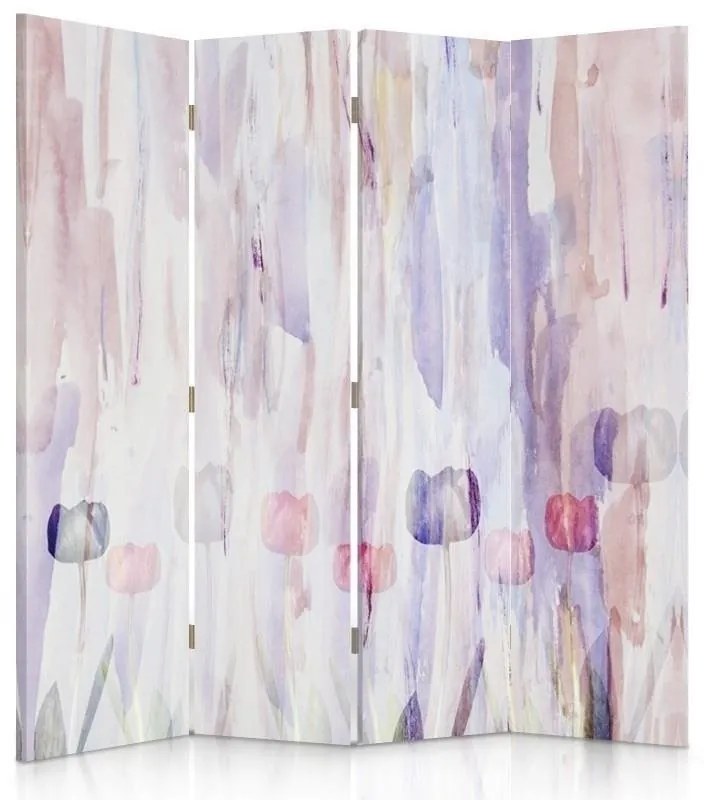 Ozdobný paraván, Malované květiny v pastelových barvách - 145x170 cm, štvordielny, obojstranný paraván 360°