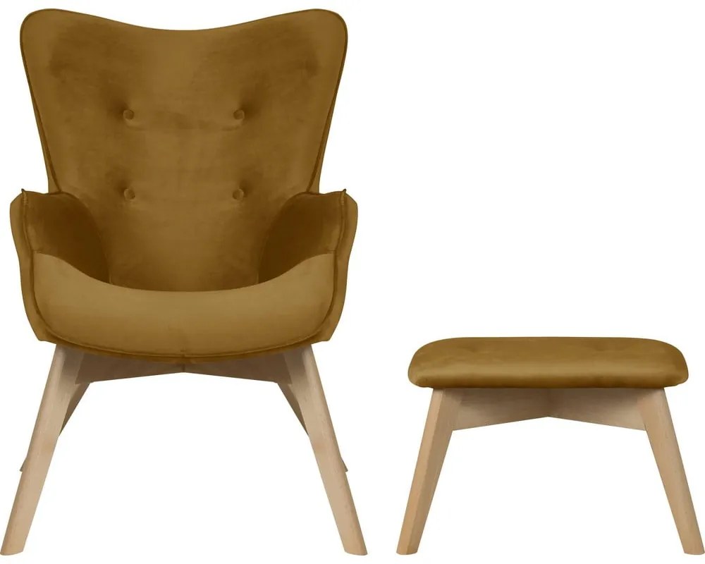 Zamatové kreslo s podnožkou v horčicovej farbe Niko – Ropez