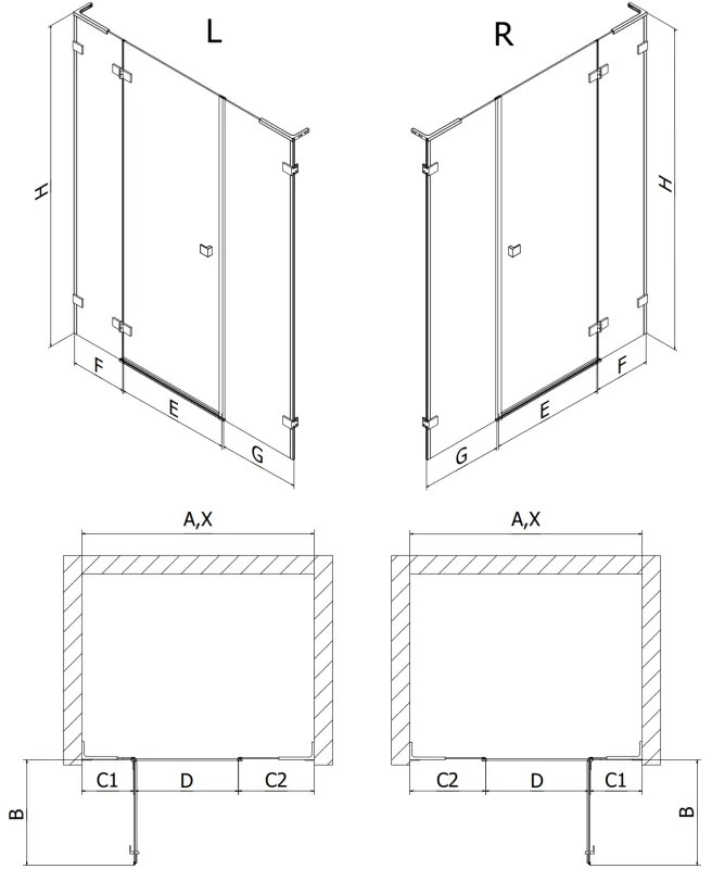 Mexen Lunar L, výklopné ľavé sprchové dvere 125 cm, číre sklo, zlatý profil, 834SL-125-050-50-00-L