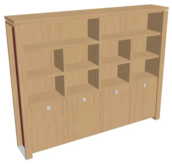 Vysoká skriňa Verno+ S 260 x 46 x 210 cm, s regálom, dub svetlý / červená