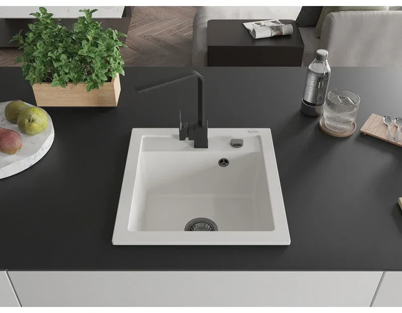 Mexen Vito, 1-komorový granitový drez 520x490x210 mm, čierna batéria Rita, biela, 6503-20-670300-70