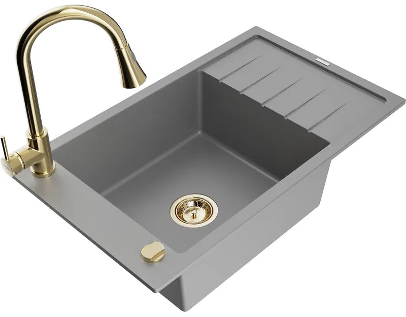 Mexen Elias, 1-komorový granitový drez 795x480x200 mm a drezová batéria Elia, šedá, 6511-71-670101-50